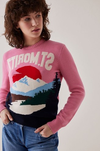 Anthropologie Winter Graphic Crew Neck Cashmere Jumper Pink Combo / women’s ski destination slogan jumpers / womens wool blend knitwear - flipped