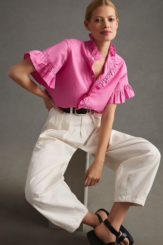 Mille Vanessa Top in Pink ~ womens ruffle trim tops ~ feminine wide sleeve ruffled shirts - flipped
