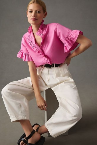 Mille Vanessa Top in Pink ~ womens ruffle trim tops ~ feminine wide sleeve ruffled shirts