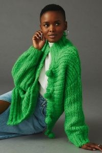Little Lies Hand-Knit Pom Pom Cardigan in Kelly ~ womens green relaxed fit pompom detail cardigans