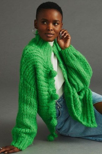 Little Lies Hand-Knit Pom Pom Cardigan in Kelly ~ womens green relaxed fit pompom detail cardigans - flipped