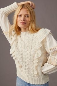 By Anthropologie Cable-Knit Jumper in Ivory ~ feminine ruffled jumpers