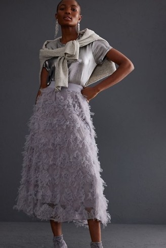 Anthropologie Textured Tulle Mesh Skirt in Grey ~ lilac-toned semi sheer overlay skirts - flipped