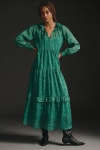 The Marais Printed Chiffon Maxi Dress in Green – romantic long sleeve tiered dresses – ruffled tiers