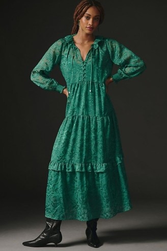 The Marais Printed Chiffon Maxi Dress in Green – romantic long sleeve tiered dresses – ruffled tiers - flipped