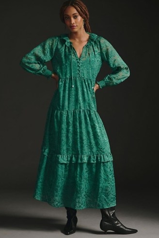 The Marais Printed Chiffon Maxi Dress in Green – romantic long sleeve tiered dresses – ruffled tiers