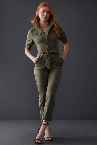 Paige Mayslie Denim Jumpsuit in Moss – green collared tie waist jumpsuits - flipped