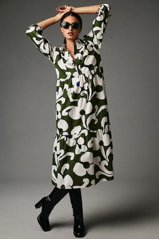 Maeve Tiered Shirt Dress Green Motif / bold floral print midi dresses / womens feminine cotton fashion - flipped