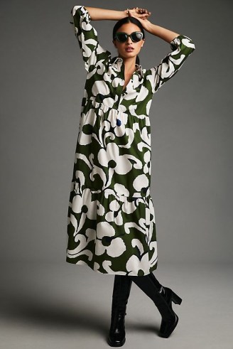 Maeve Tiered Shirt Dress Green Motif / bold floral print midi dresses / womens feminine cotton fashion