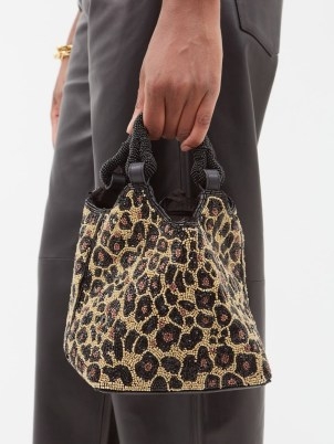 STAUD Côte leopard beaded bag in beige – small bead covered top handle bags – animal handbags - flipped
