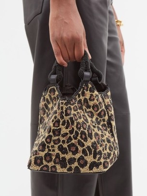 STAUD Côte leopard beaded bag in beige – small bead covered top handle bags – animal handbags