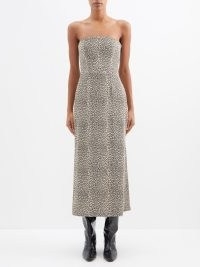 RAEY Leopard-print bandeau-neck crepe midi dress in beige – strapless occasion dresses – wild animal prints on womens evening fashion
