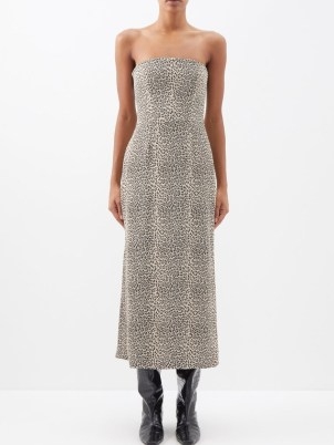 RAEY Leopard-print bandeau-neck crepe midi dress in beige – strapless occasion dresses – wild animal prints on womens evening fashion - flipped