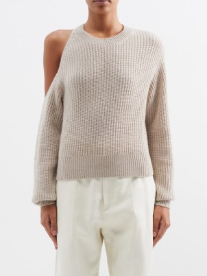 LISA YANG Leora shoulder-cutout cashmere sweater in beige ~ luxe cut out sweaters - flipped