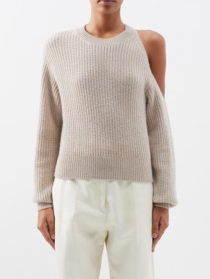 LISA YANG Leora shoulder-cutout cashmere sweater in beige ~ luxe cut out sweaters
