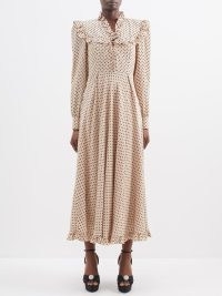 ALESSANDRA RICH Ruffled polka-dot silk dress in beige ~ silky ruffle trim vintage style spot print dresses