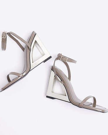 River Island BEIGE WEDGE HEELED SANDALS | cut out wedged heels | barely there ankle strap wedges - flipped