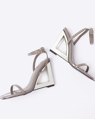 River Island BEIGE WEDGE HEELED SANDALS | cut out wedged heels | barely there ankle strap wedges