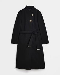 RIVER ISLAND BLACK BELTED WRAP LONGLINE COAT ~ womens tie waist asymmetric front closure coats