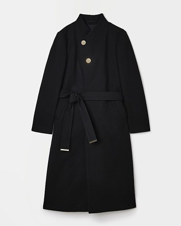 RIVER ISLAND BLACK BELTED WRAP LONGLINE COAT ~ womens tie waist asymmetric front closure coats - flipped