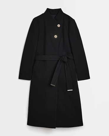 RIVER ISLAND BLACK BELTED WRAP LONGLINE COAT ~ womens tie waist asymmetric front closure coats
