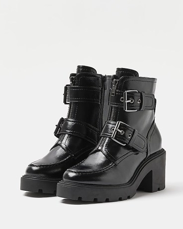 RIVER ISLAND BLACK BUCKLE BIKER BOOTS – womens buckled footwear