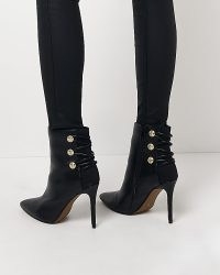 RIVER ISLAND BLACK BUTTON DETAIL HEELED BOOTS ~ women’s point toe stiletto heel booties