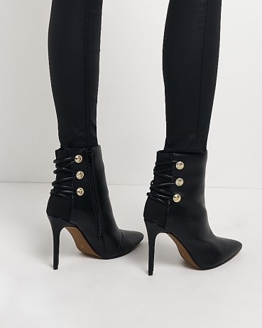 RIVER ISLAND BLACK BUTTON DETAIL HEELED BOOTS ~ women’s point toe stiletto heel booties - flipped