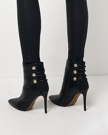 RIVER ISLAND BLACK BUTTON DETAIL HEELED BOOTS ~ women’s point toe stiletto heel booties