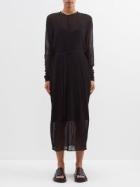 RAEY Crinkled wool batwing sheer dress in black ~ long sleeved dresses with under slip