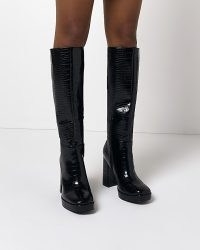 RIVER ISLAND BLACK CROC EMBOSSED KNEE HIGH HEELED BOOTS ~ womens retro look footwear