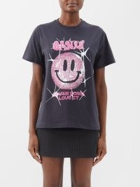 GANNI Disco smiley-print organic cotton-jersey T-shirt in black / womens slogan printed tee