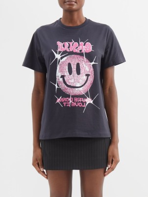 GANNI Disco smiley-print organic cotton-jersey T-shirt in black / womens slogan printed tee - flipped