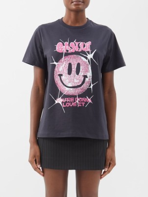 GANNI Disco smiley-print organic cotton-jersey T-shirt in black / womens slogan printed tee