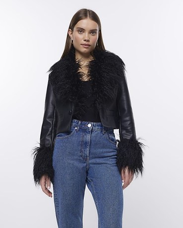 RIVER ISLAND BLACK FAUX LEATHER CROPPED JACKET / womens shaggy fake fur trimmed jackets - flipped