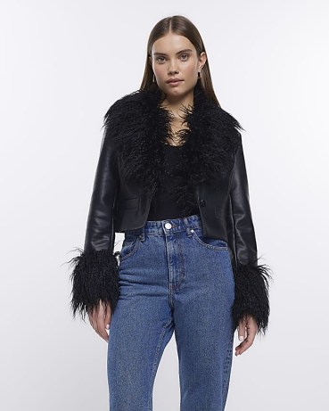 RIVER ISLAND BLACK FAUX LEATHER CROPPED JACKET / womens shaggy fake fur trimmed jackets