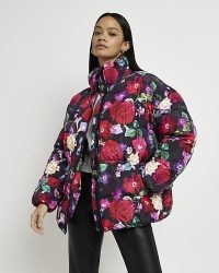 RIVER ISLAND BLACK FLORAL PADDED PUFFER JACKET ~ women’s high neck flower print jackets