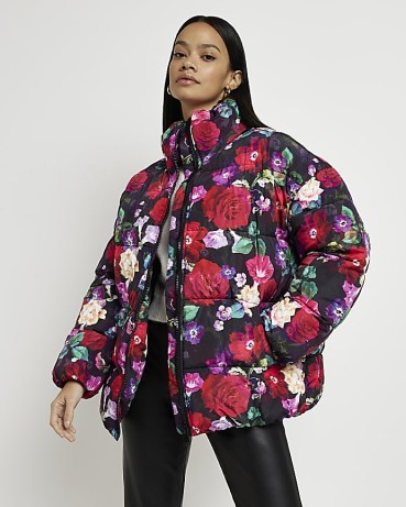 RIVER ISLAND BLACK FLORAL PADDED PUFFER JACKET ~ women’s high neck flower print jackets