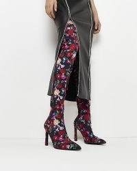 RIVER ISLAND BLACK FLORAL THIGH HIGH HEELED BOOTS ~ printed footwear