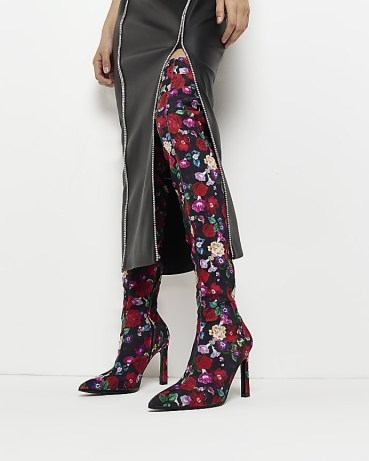 RIVER ISLAND BLACK FLORAL THIGH HIGH HEELED BOOTS ~ printed footwear - flipped
