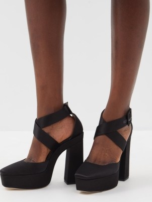 JIMMY CHOO Gian 140 satin platform sandals in black ~ chunky crisscross front platforms ~ high block heels - flipped