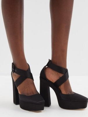 JIMMY CHOO Gian 140 satin platform sandals in black ~ chunky crisscross front platforms ~ high block heels