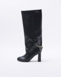 RIVER ISLAND BLACK HEELED FOLD OVER BOOTS ~ slender block heels ~ chain detail footwear