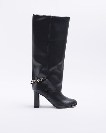 RIVER ISLAND BLACK HEELED FOLD OVER BOOTS ~ slender block heels ~ chain detail footwear - flipped