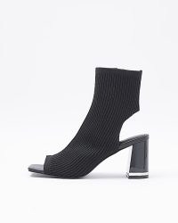 RIVER ISLAND BLACK KNIT HEELED ANKLE BOOTS ~ square toe open heel ribbed bootie ~ womens block heel cut out booties
