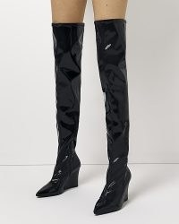 RIVER ISLAND BLACK PATENT WEDGE OVER THE KNEE BOOTS ~ women’s shiny footwear ~ high shine fashion ~ wedged heels ~ glossy wedges