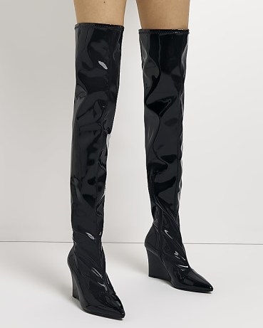 RIVER ISLAND BLACK PATENT WEDGE OVER THE KNEE BOOTS ~ women’s shiny footwear ~ high shine fashion ~ wedged heels ~ glossy wedges - flipped