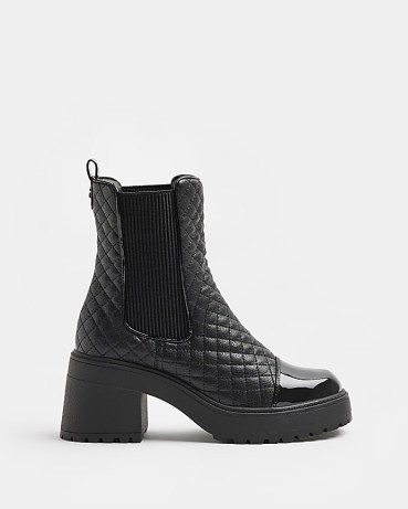 RIVER ISLAND BLACK QUILTED CHUNKY HEELED ANKLE BOOTS ~ womens block heel chelsea boots - flipped