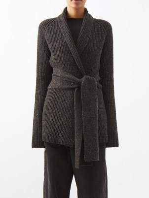 RAEY Responsible cashmere-blend shawl-collar Cardigan in black ~ women’s tie waist open front cardigans ~ chic knitwear