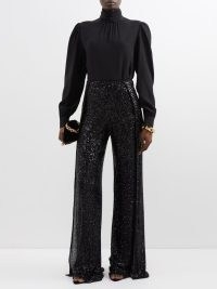 TOM FORD Sequinned wide-leg trousers in black ~ women’s glamorous sequin covered occasion clothes ~ womens glittering sheer overlay evening pants